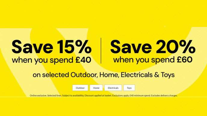 15% off £40 / 20% Off £60 on selected Outdoor, Home, Electricals & Toys @ George at Asda